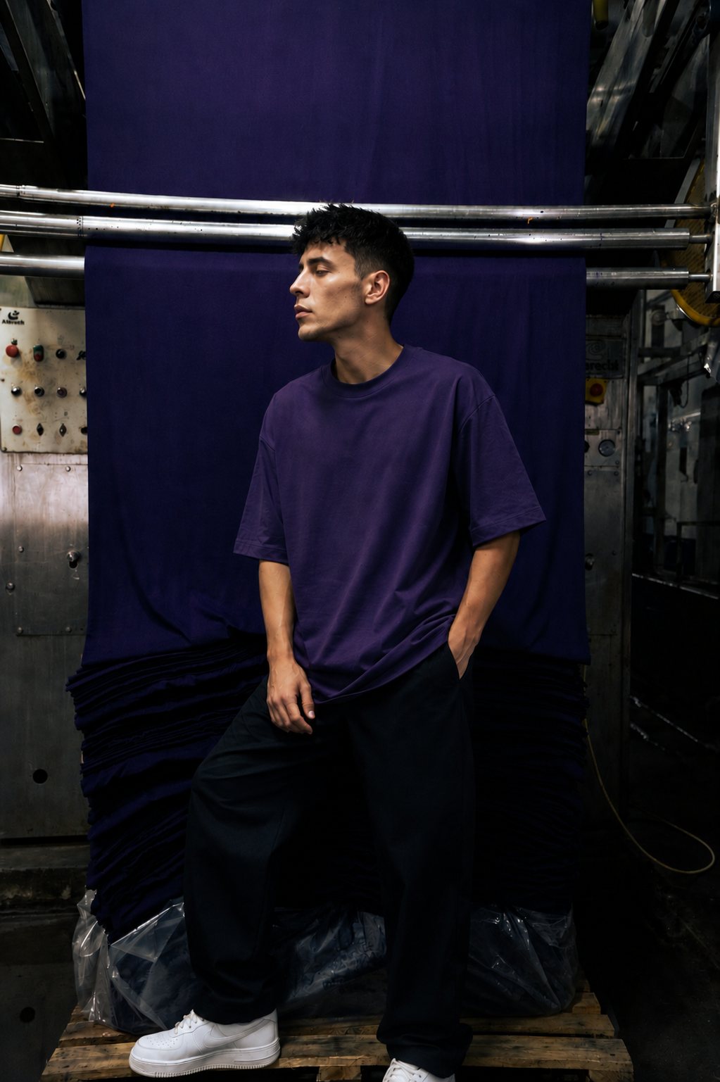 Camiseta DMATTEX fotografada dentro da fábrica têxtil, sobre o tecido de produção